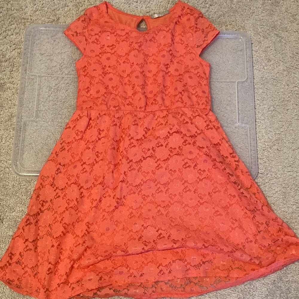 Red-orange floral lace dress w/ gold belt